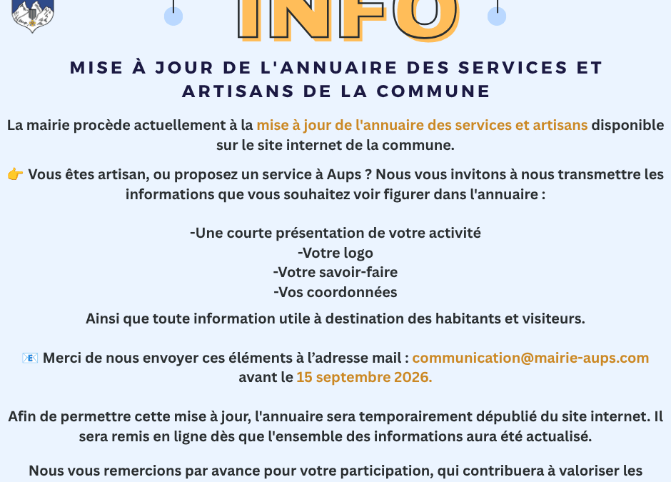 Information mise à jour de l&rsquo;annuaire des services et des artisans !
